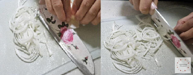 왼쪽 사진 대파 동그랗게 말기-오른쪽 사진 동그랗게 말은 대파 얇게 채썰기