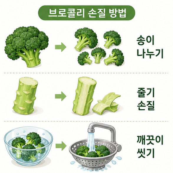 브로콜리 송이를 나누고 줄기를 손질한 뒤 깨끗하게 씻는 기본 손질 방법을 보여주는 이미지