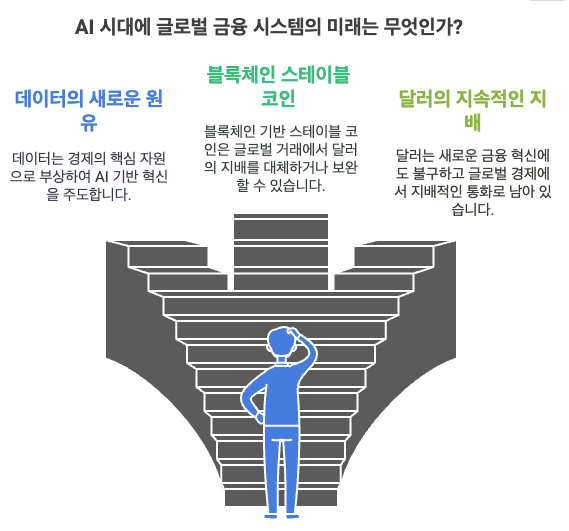 다가오는 AI 시대에는 데이터가 새로운 원유가 될 것이며, 블록체인 기반의 스테이블 코인이 새로운 기축 통화가 될 가능성이 있습니다. 블랙록의 래리 핑크 CEO는 투자의 민주화를 위해 블록체인 기술을 활용해야 한다고 주장하며, 새로운 시대의 가능성을 제시했습니다. 이는 과거 유로 달러가 성장했던 것처럼, 새로운 시장에서 거래되는 달러를 만들어내는 것이 달러의 패권을 유지하는 유일한 방법일 수 있음을 시사합니다.