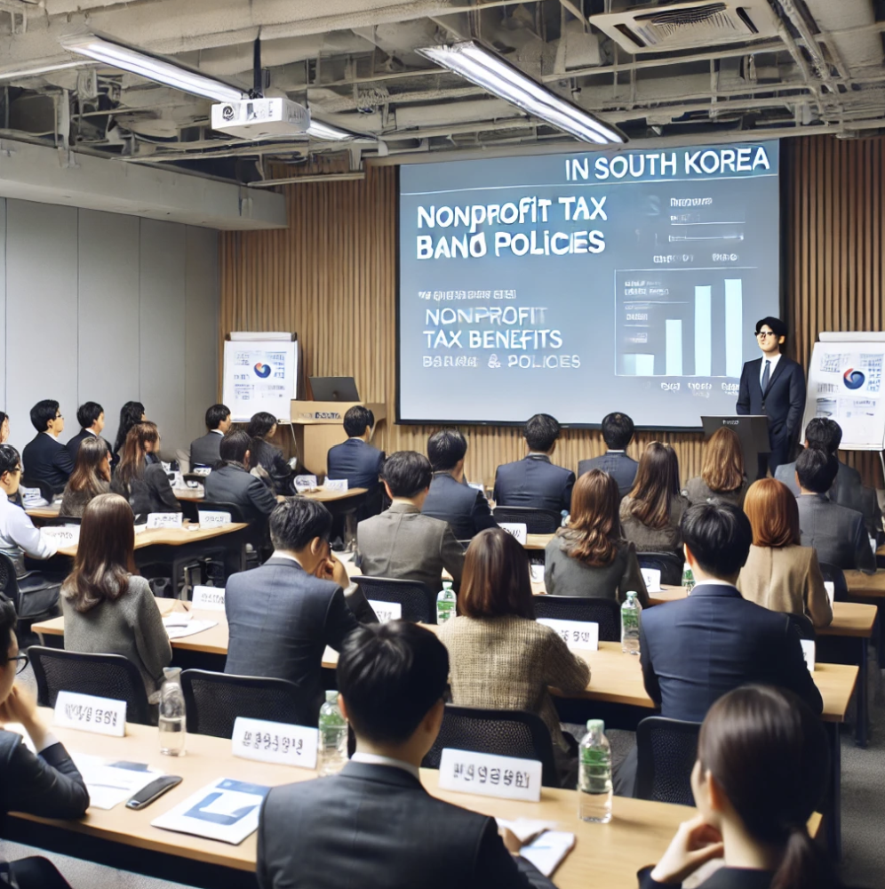 비영리 법인의 세금 혜택 및 정책에 대한 전문가의 발표를 경청하는 청중들.