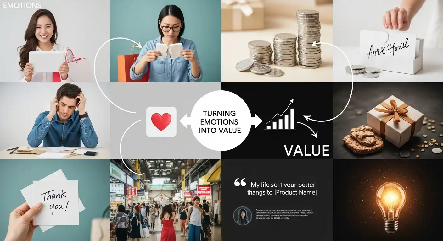 <img src="emotional_design_bridge.webp" alt="감성과 거래 사이를 연결하는 디자인 요소들이 정밀하게 배치되어 고객의 감정이 가치로 승화되는 장면을 표현한 이미지 입니다">