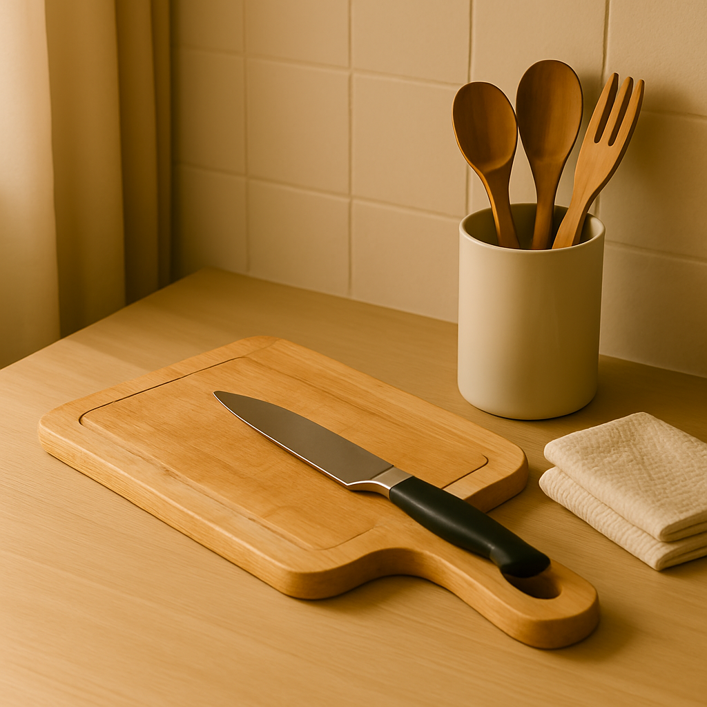 나무 도마 위에 스테인리스 칼이 놓여 있고, 옆에 접힌 행주와 조리 도구가 놓인 주방 모습