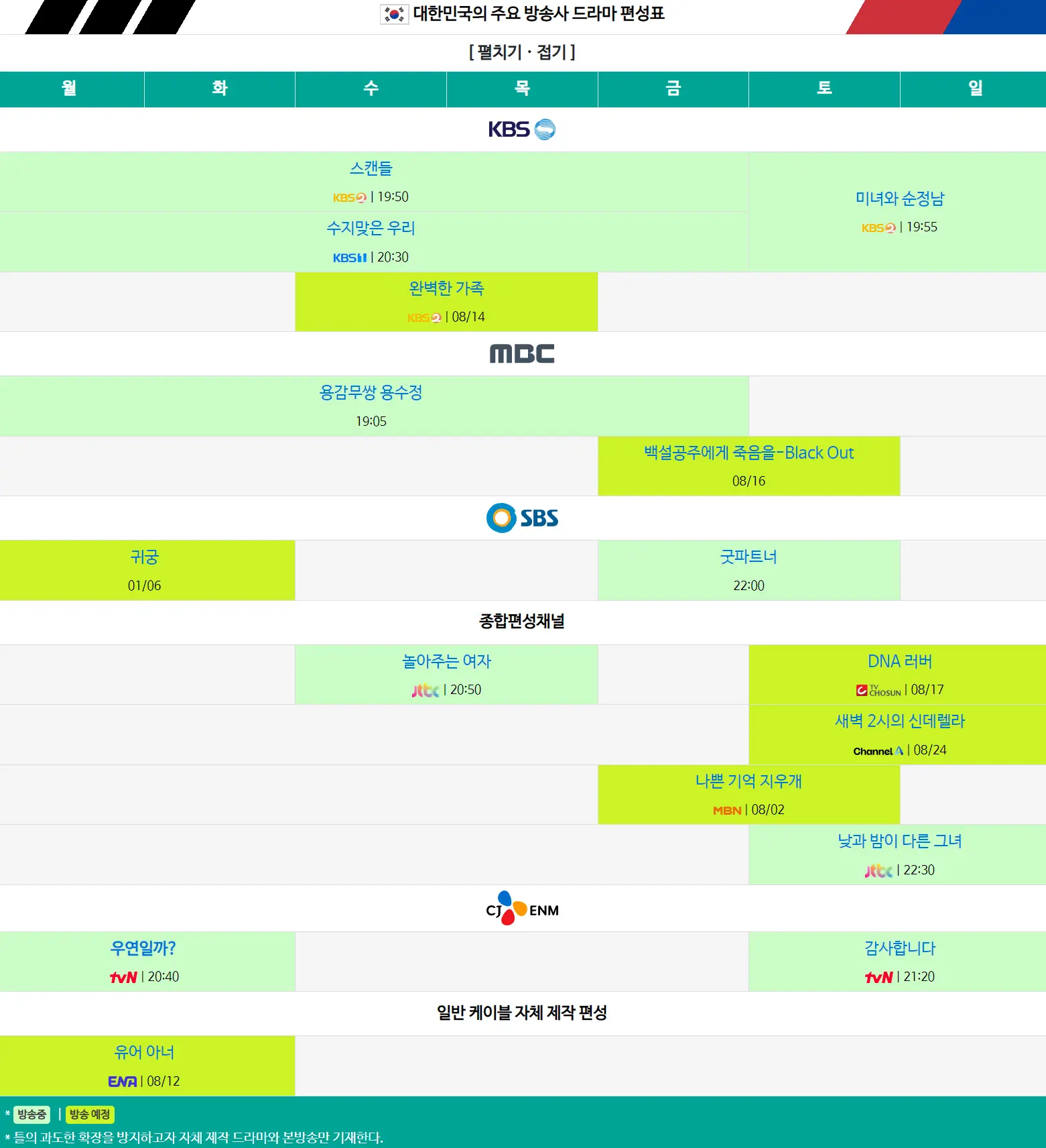방송사별 드라마 편성표