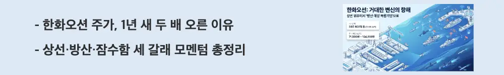 ‘한화오션 주가, 1년 새 두 배 오른 이유’라는 문구가 포함된 웹배너 이미지. 이 이미지는 한화오션 주가를 끌어올린 상선·방산·잠수함 세 가지 모멘텀을 시각적으로 전달하며, 블로그의 한화오션 주가 전망 주제와 관련된 내용을 설명함
