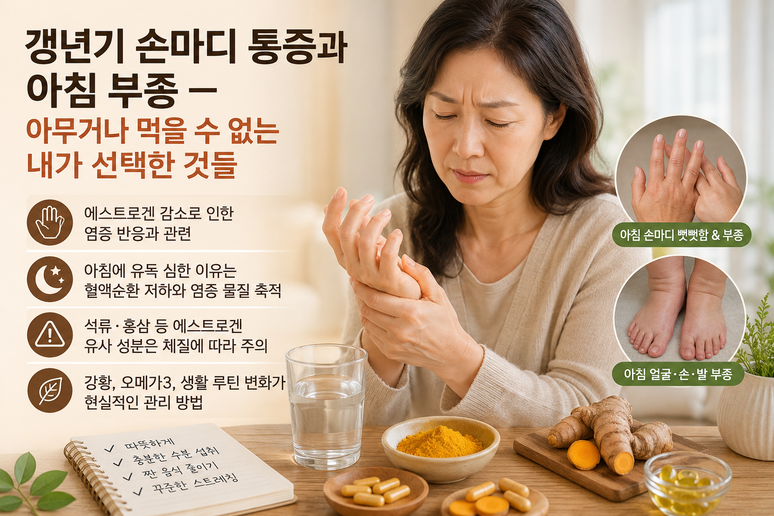 갱년기 손마디 통증과 아침 부종으로 손을 감싸고 있는 중년 여성, 강제 폐경 후 관절 관리와 생활 습관을 설명하는 이미지