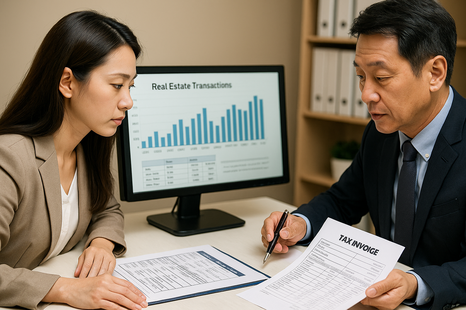 부동산 거래 내역과 세금 계산서를 함께 검토하는 상담 장면