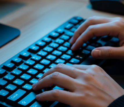 Complete typing practice guide showing hands on keyboard with speed test on computer screen for improving typing skills and accuracy