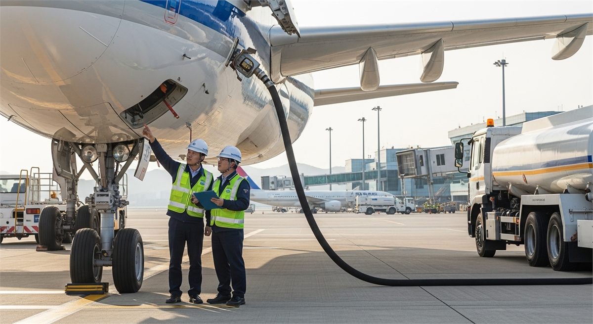 공항에서 급유 준비를 하는 지상 인력의 모습 