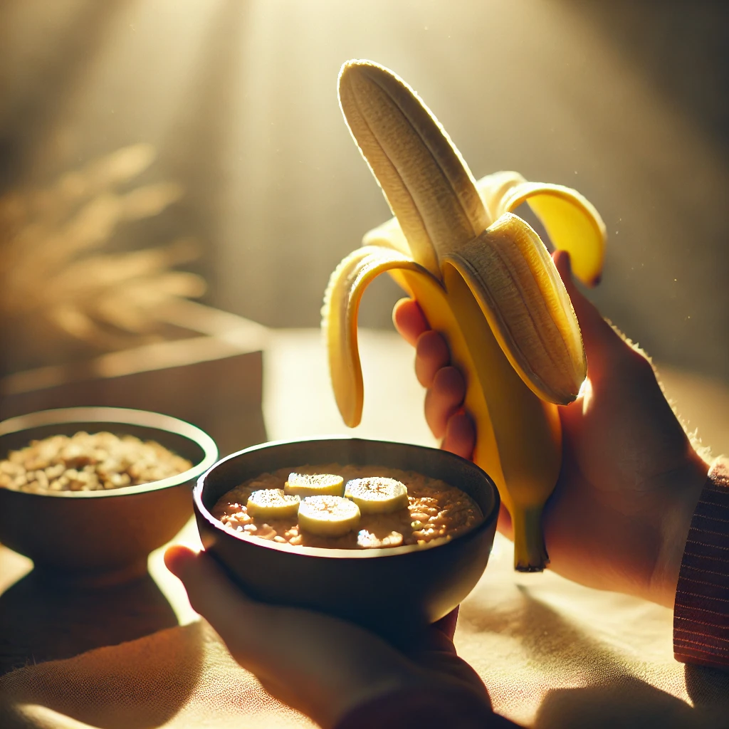 한 손에 들린 바나나와 오트밀 사진