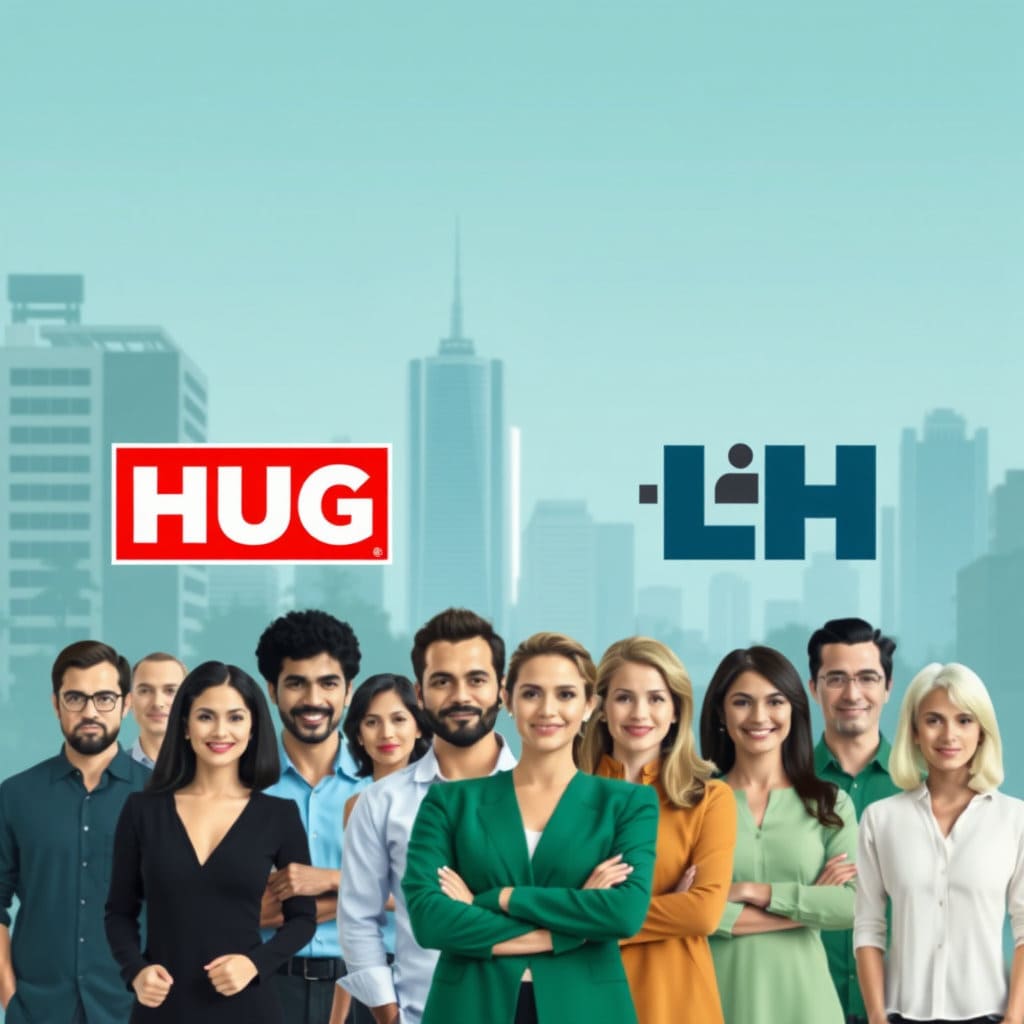 HUG와 LH의 로고 또는 상징적인 건물 이미지를 배경에 넣고&amp;#44; 그 앞에서 사람들이 안심하며 서 있는 모습을 그려주세요. 공공기관이 든든하게 지원하고 보호해 준다는 느낌을 주도록&amp;#44; 배경은 안정적이고 신뢰감 있는 색상 톤으로 표현합니다. 