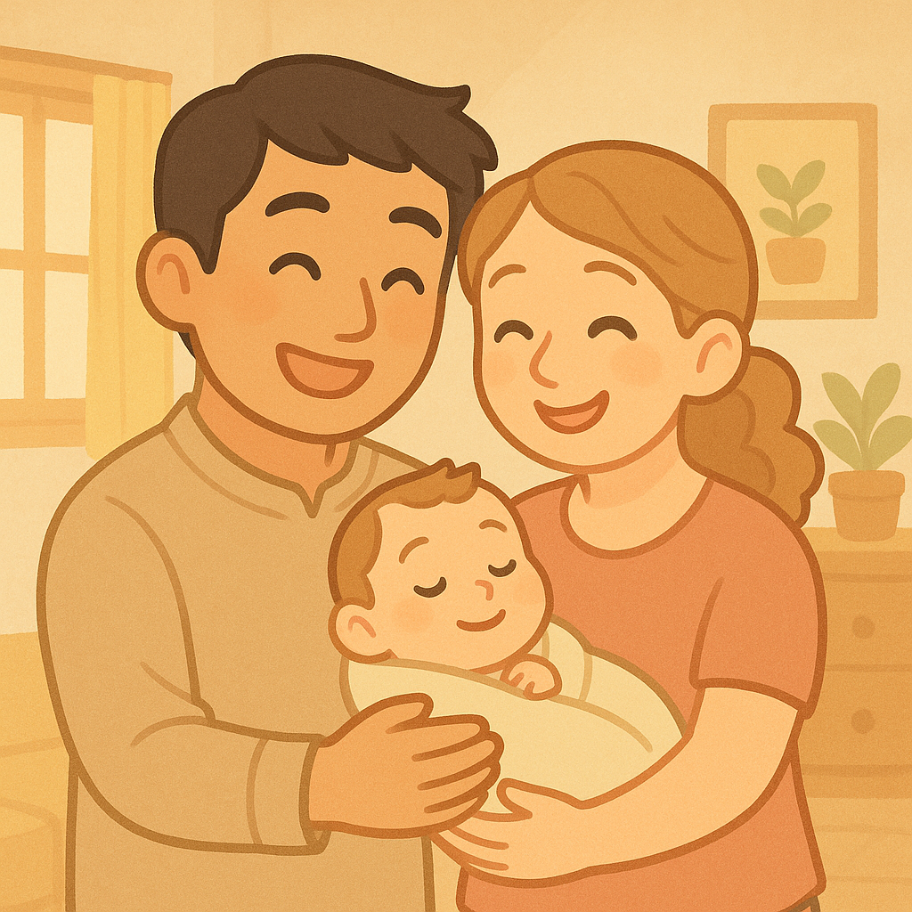 국제결혼자가 자녀 출생 후 에 웃고있다.