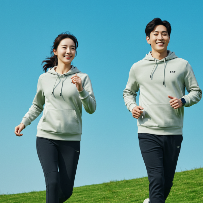 맑은 파란 하늘 아래 잔디밭 위에서 남녀 커플이 함께 조깅을 즐기고 있는 모습입니다. 두 사람 모두 밝은 표정으로 후드티와 운동복을 착용하고 달리며, 건강한 라이프스타일과 야외 운동의 즐거움을 보여줍니다.