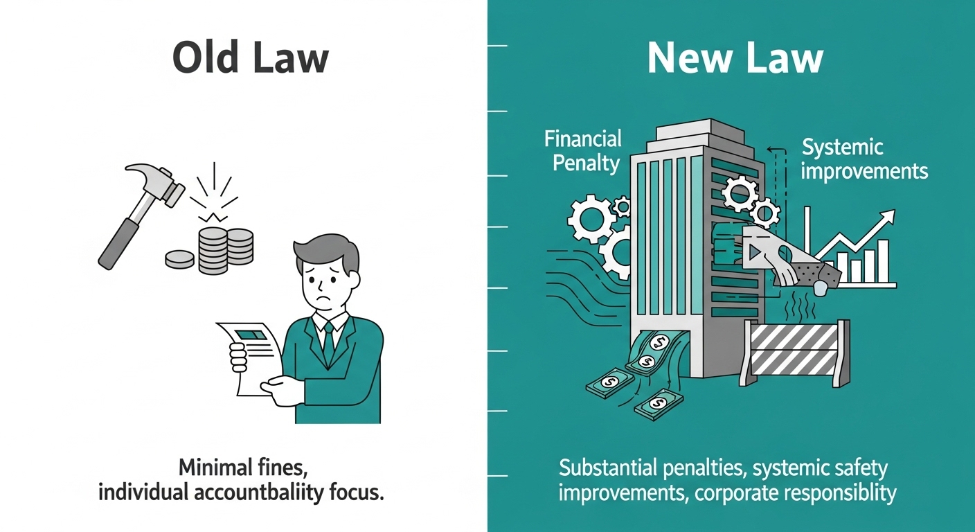 기존 산업안전보건법과 개정안의 주요 내용을 비교하여 보여주는 인포그래픽