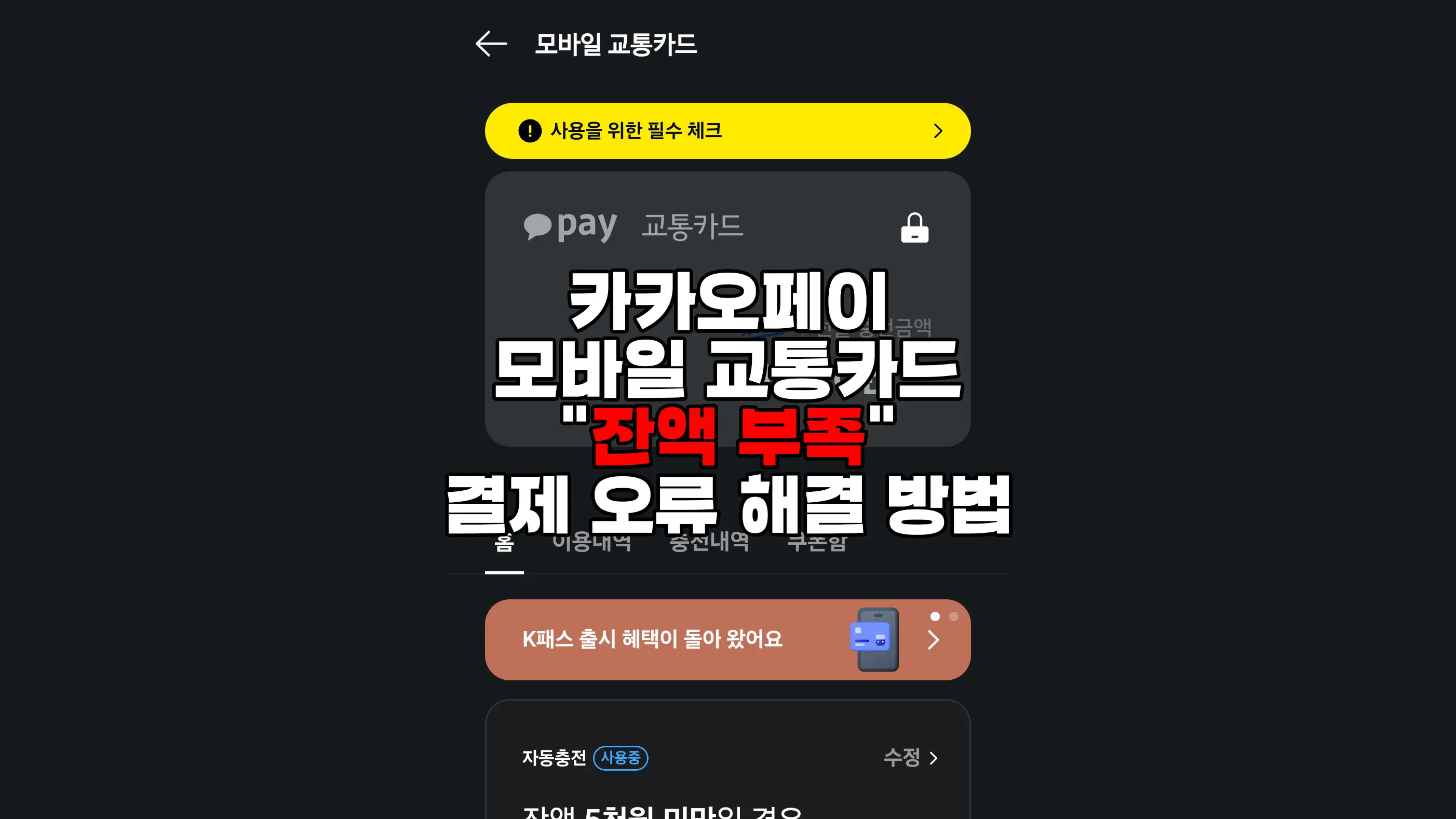 카카오페이 모바일 교통카드 &quot;잔액 부족&quot; 결제 오류 해결 방법