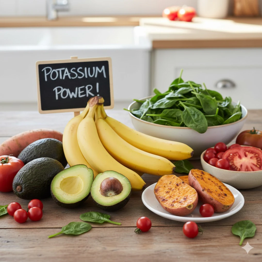 바나나&amp;#44; 아보카도&amp;#44; 시금치&amp;#44; 고구마&amp;#44; 토마토 등 칼륨이 풍부한 식품들이 신선하고 먹음직스럽게 배열된 모습을 보여줍니다. 밝고 활기찬 색감으로 이 음식들이 가진 영양학적 가치를 부각합니다.