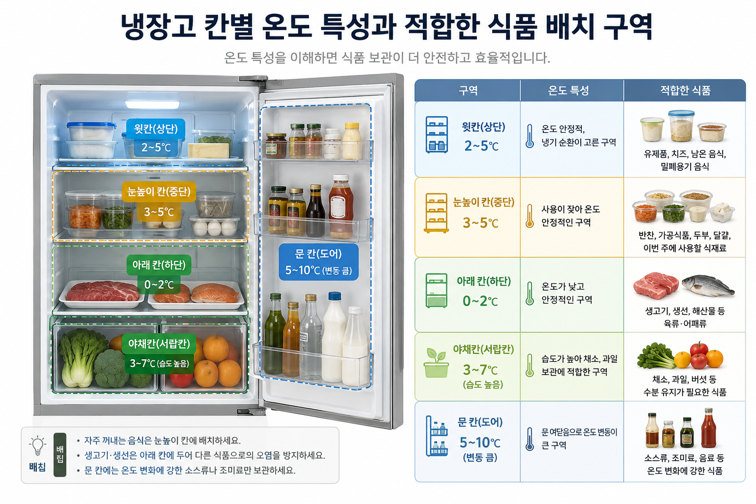 냉장고 칸별 온도 특성과 적합한 식품 배치 구역 안내 도식