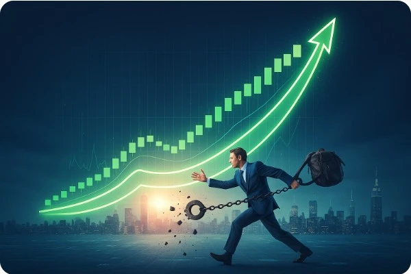 족쇄가 끊어진 채 성장 곡선을 향해 달려가는 비즈니스맨의 모습