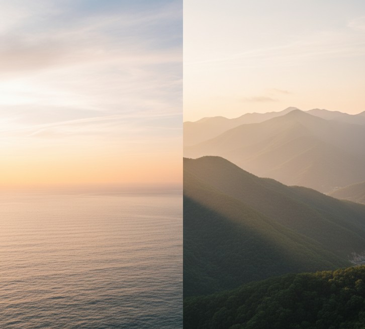 "석양의 바다 수평선과 겹겹이 이어진 산등성"