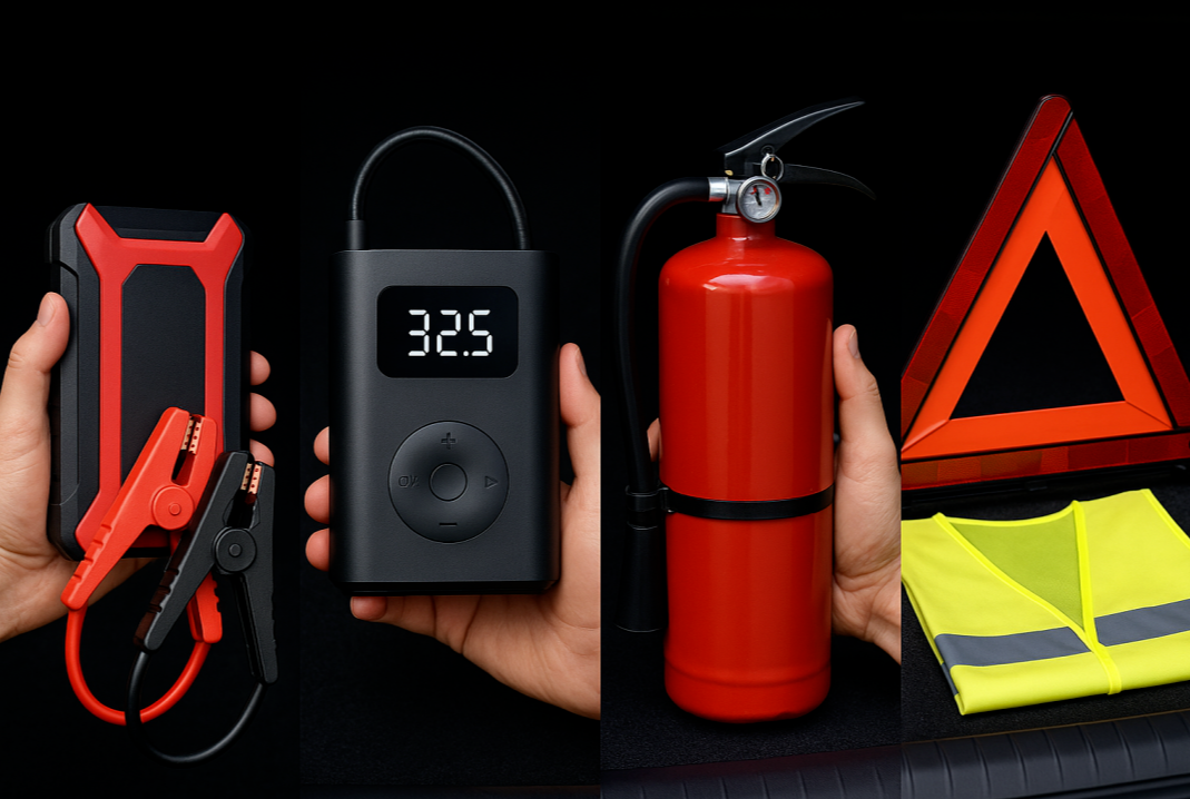 차량 관리와 응급 상황에 대비한 점프 스타터, 공기압 측정기, 소화기, 비상 삼각대와 반사 조끼