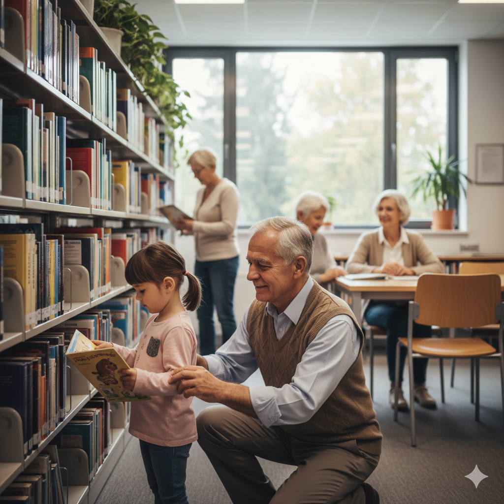 한 노인이 노인 일자리로 근무 하면서 어린 아이에게 도서관 책을 안내해 주는 모습