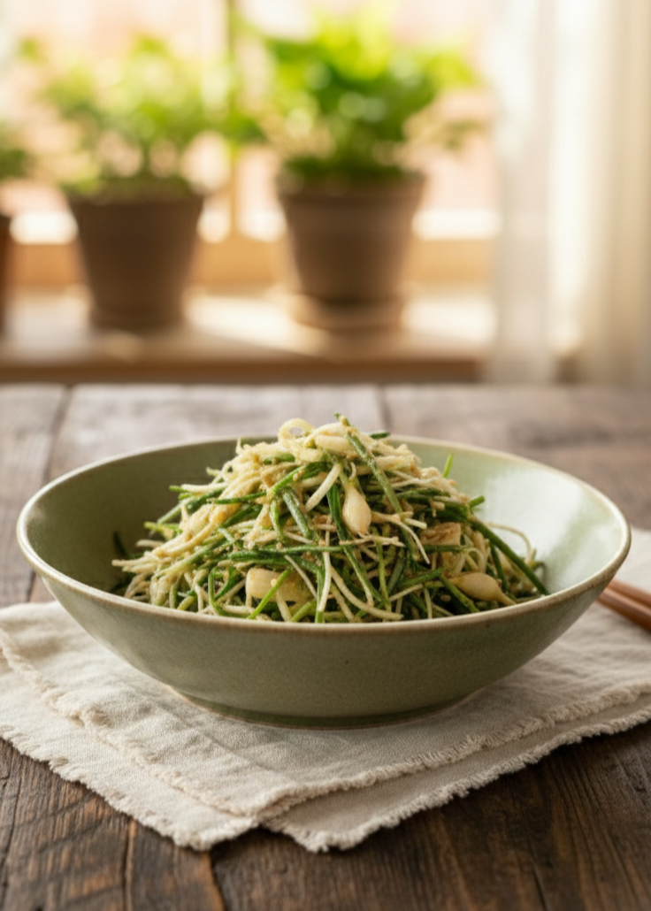 따뜻한 햇살과 초록색 화분이 보이는 주방 창가를 배경으로, 빈티지한 나무 테이블 위에 놓인 먹음직스러운 달래 된장 무침