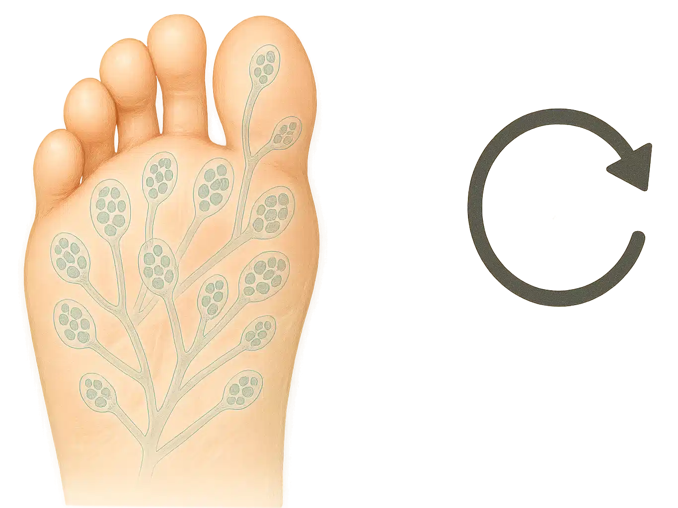 발바닥 피부 위에 잠복해 있는 곰팡이 포자가 투명하게 겹쳐진 모습, 재발을 의미하는 아이콘