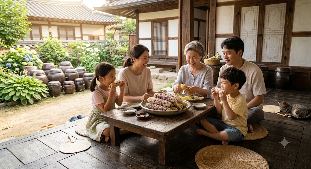 따사로운 여름 오후, 한국의 전통적인 대청마루 혹은 아늑한 나무 데크에 앉아 방금 삶아낸 김이 모락모락 나는 찰옥수수를 먹으며 환하게 웃고 있는 가족의 평화로운 모습. 시네마틱한 채광이 가족의 행복한 분위기와 맛있는 간식 시간을 돋보이게 하는 8k 고해상도 라이프스타일 사진.