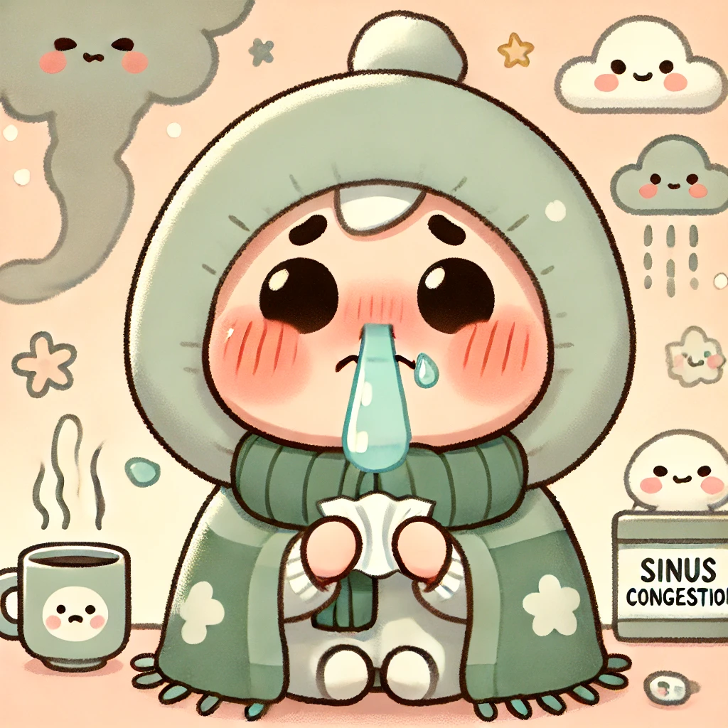 콧물을 흘리며 코 주위가 빨개진 귀여운 남자아이 그림