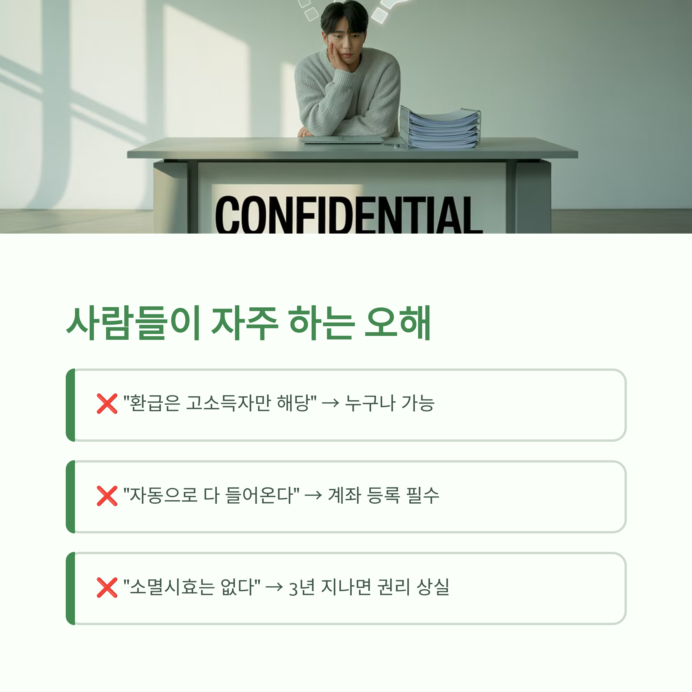 건강보험 환급과 관련해 사람들이 자주 하는 오해를 정리한 인포그래픽으로, “고소득자만 해당”, “자동으로 들어온다”, “소멸시효 없다”는 잘못된 인식을 교정하는 이미지