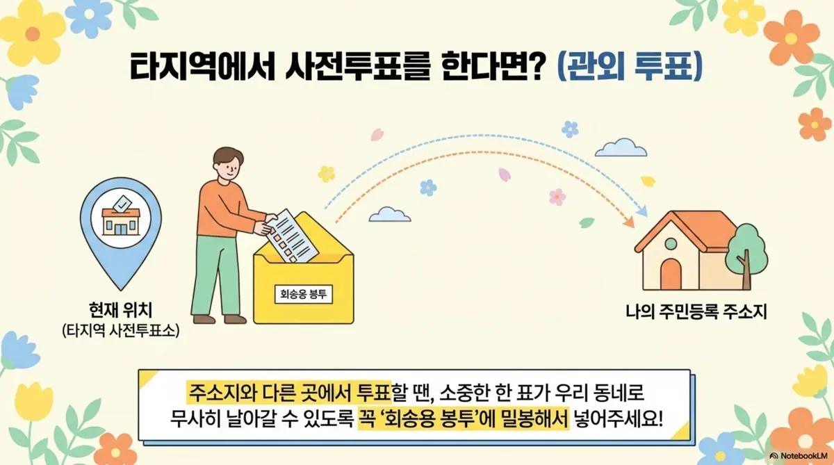 지방선거 투표 시간:타지역 사전투표소에서 관외 투표를 할 때 회송용 봉투에 투표용지를 넣고 밀봉하는 절차를 보여주는 일러스트. 현재 위치의 타지역 사전투표소에서 투표용지를 회송용 봉투에 담아 밀봉하면 나의 주민등록 주소지로 전달되는 과정이 화살표로 표현되어 있다