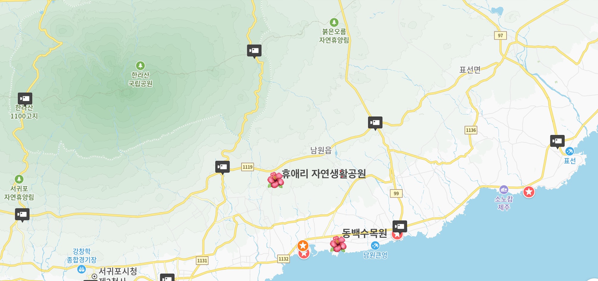 제주 동백수목원, 휴애리 자연생활공원 위치 지도