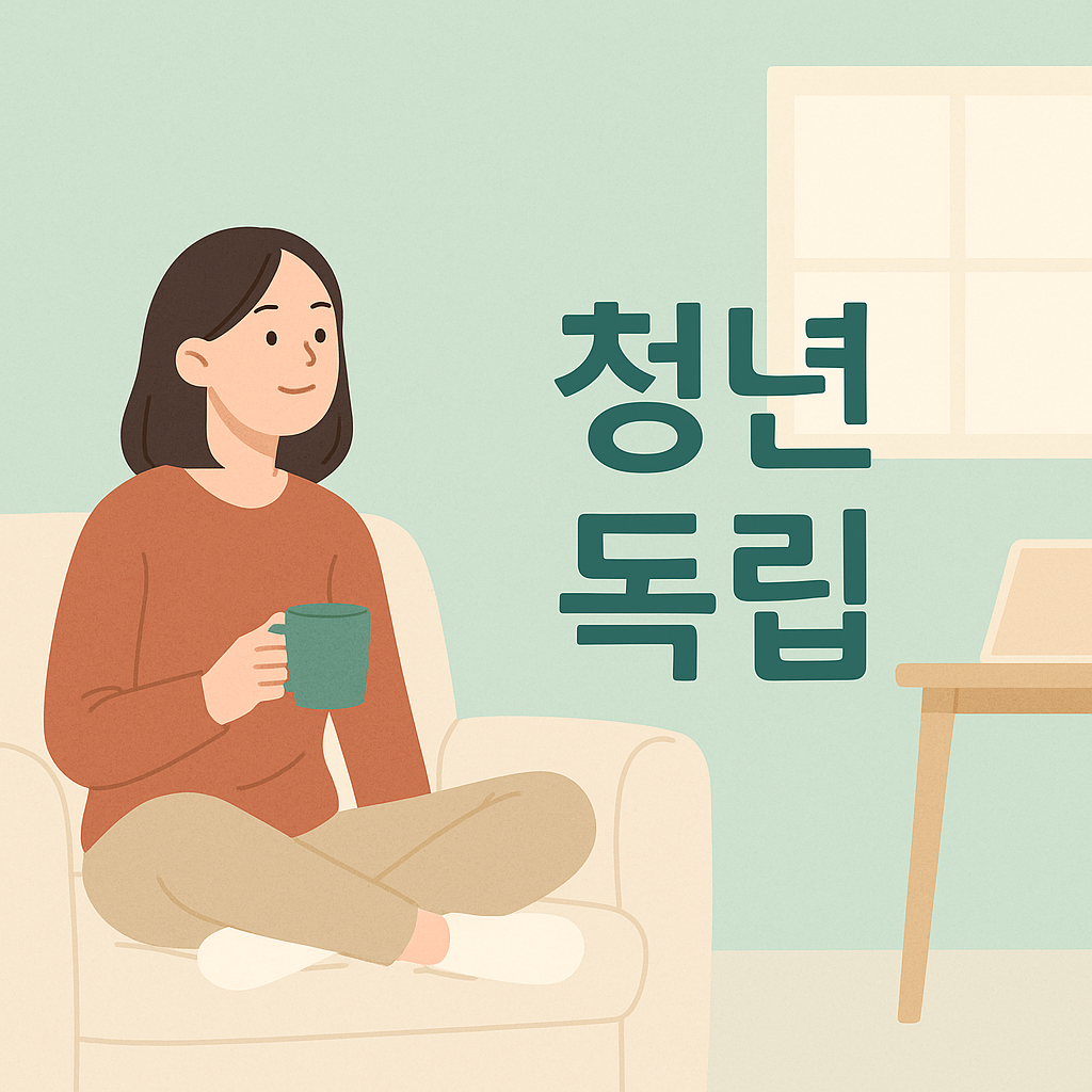 청년이 독립을 준비하며 계획을 세우는 과정을 상징적으로 표현한 일러스트입니다. 체크리스트와 노트북, 생활 필수품들이 함께 구성되어 있어 실용적이고 따뜻한 분위기를 전달합니다.