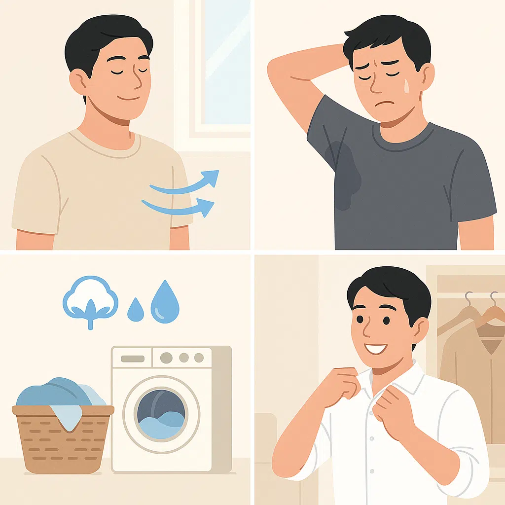 천연 섬유(면) 옷과 합성 섬유 옷 비교, 빨래 후 바로 갈아입는 습관을 표현한 일러스트