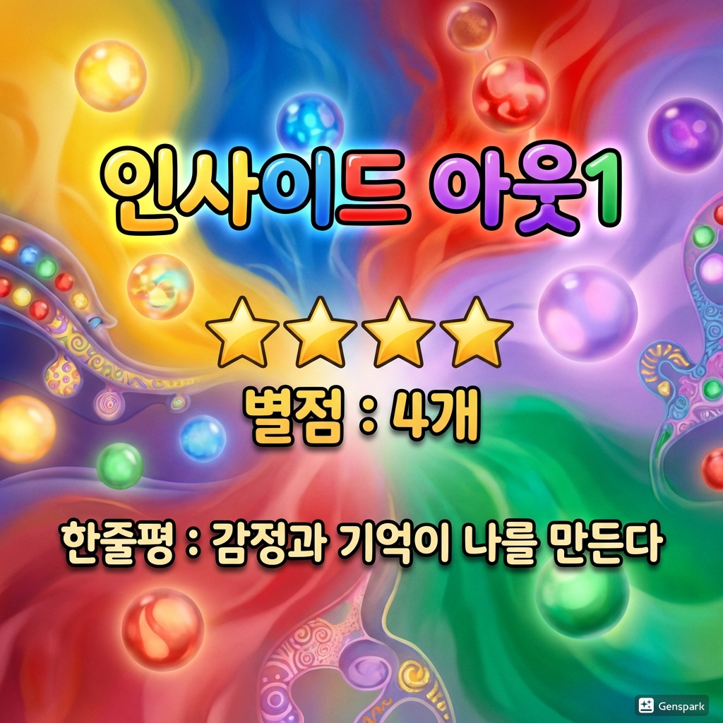 인사이드 아웃의 감정색 5개가 혼합된 이미지, 인사이드 아웃1 영화제목, 별점 4개, 한줄평이 삽입된 이미지