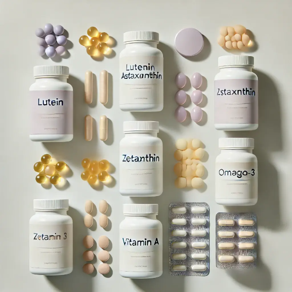 루테인, 아스타잔틴 등 눈 건강 영양제가 정리된 정물 컷