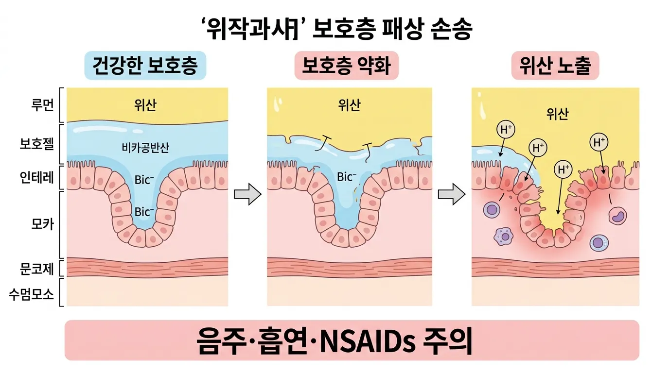 위 점막 보호층이 손상되는 과정을 보여주는 의학 일러스트