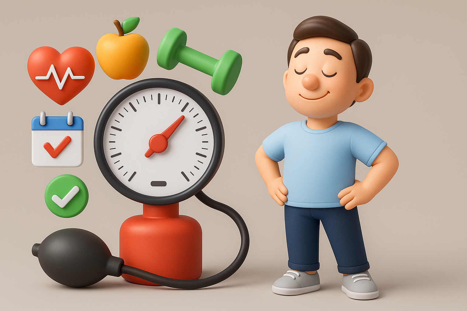 혈압관리를 위한 혈압계, 심장, 과일, 운동기구, 체크리스트와 건강한 사람의 모습을 표현한 그림