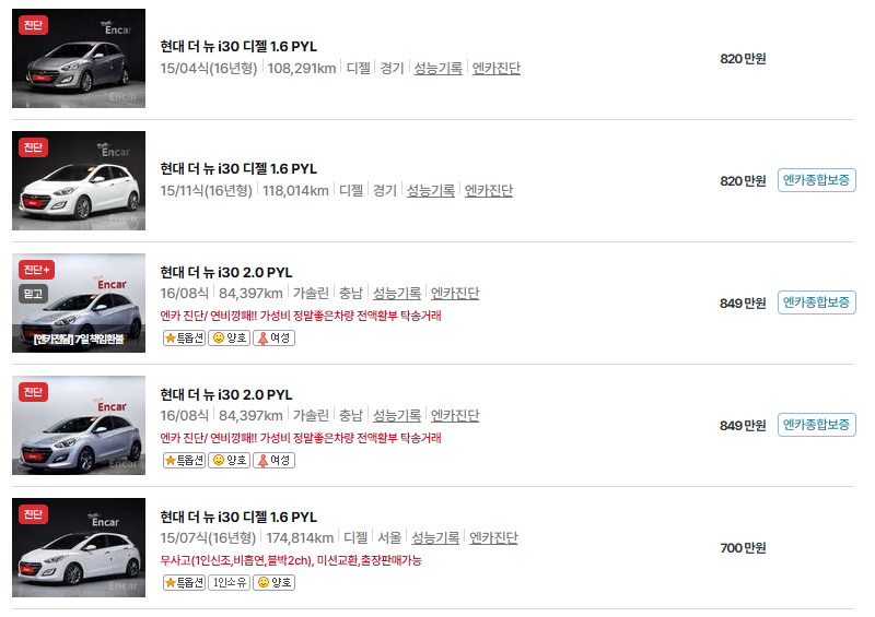 현대 i30 중고차 가격 시세표 유지비