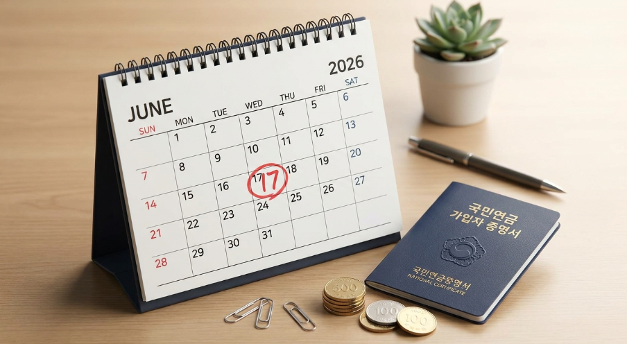 달력의 2026년 6월 17일에 동그라미가 쳐져 있고 연금 증서가 놓인 모습