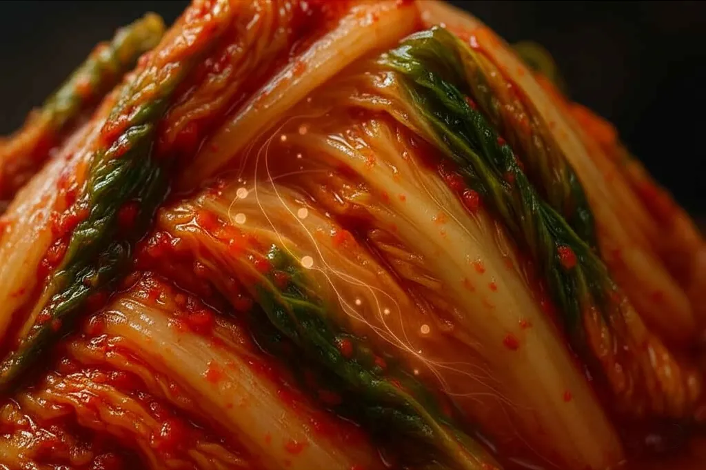 발효 김치와 건강한 장 미생물을 상징하는 빛나는 김치 클로즈업 이미지.
