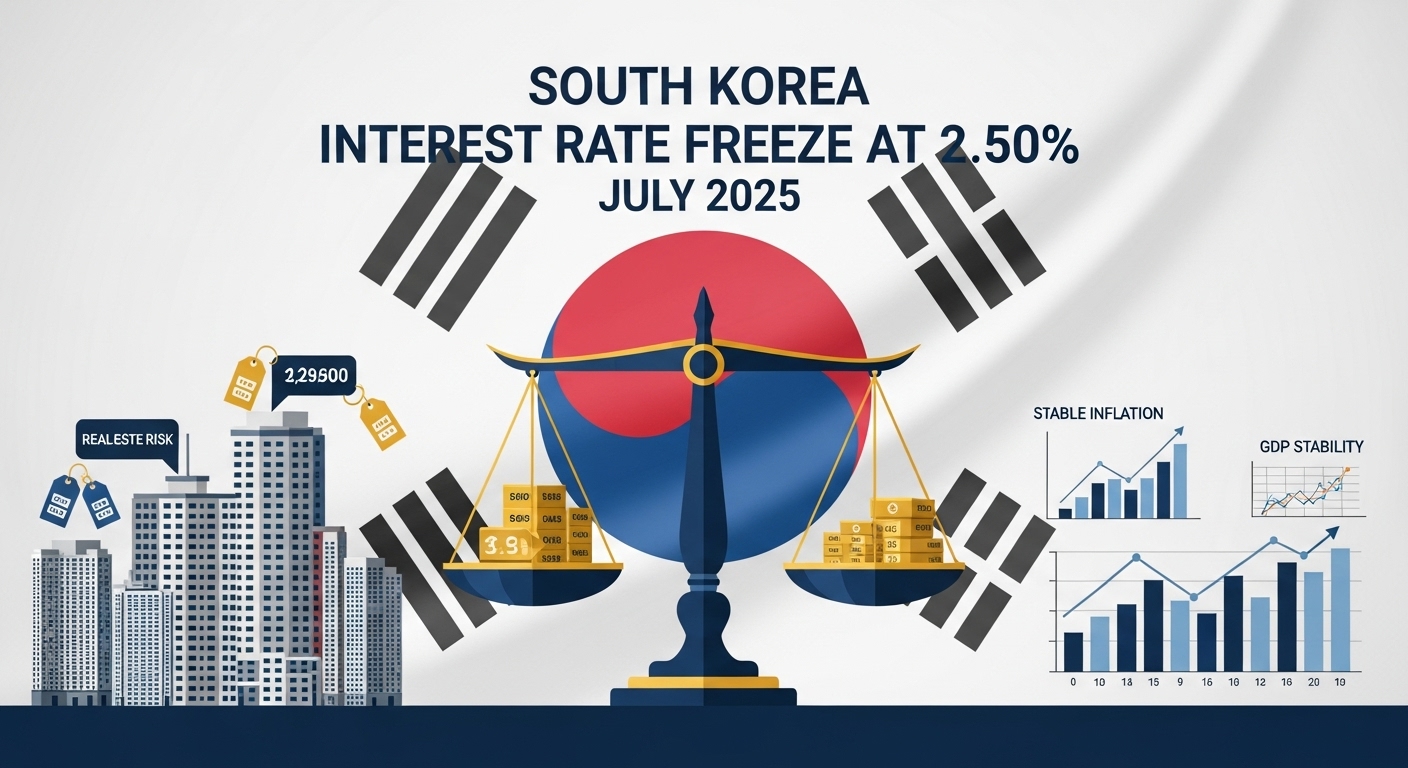 2025년 7월 한국은행 기준금리 2.50% 동결 인포그래픽. 중앙 저울이 부동산 리스크와 경제 안정(물가&middot;GDP)을 균형 있게 표현하며, 배경에 대한민국 국기 배치. 왼쪽에는 가격표가 달린 고층 아파트와 'Real Estate Risk' 문구, 오른쪽에는 안정된 물가와 GDP 그래프.