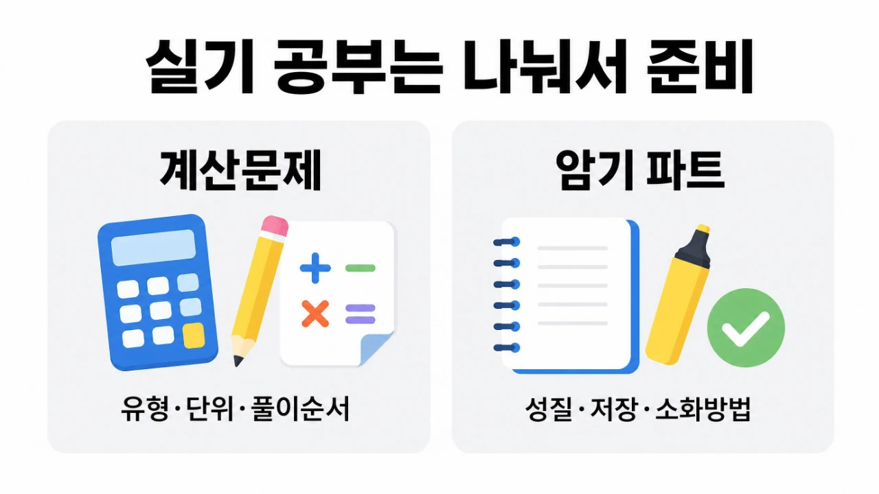 위험물산업기사 실기 계산문제와 암기 파트 공부법을 정리한 이미지