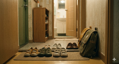 1990년대 가정집 현관 풍경, 정돈된 신발과 가방