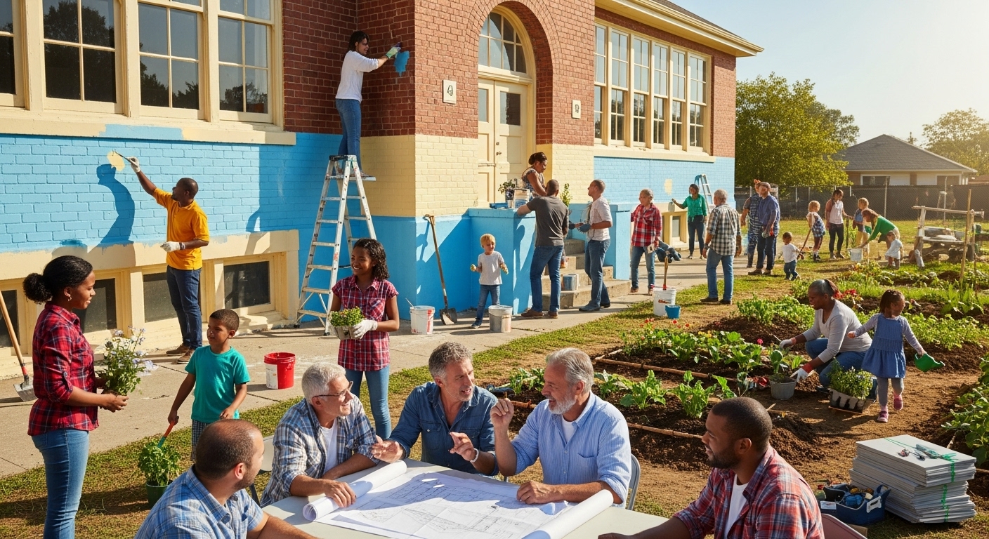 다양한 연령대의 지역 주민들이 함께 폐교 건물을 수리하고 정원을 가꾸며 협력하는 모습