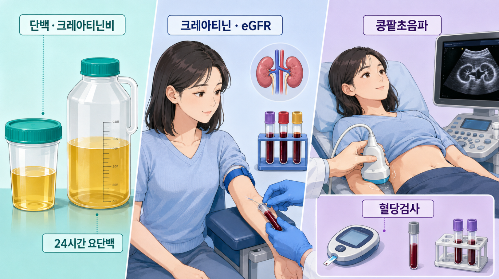 단백·크레아티닌비와 24시간 요단백, 크레아티닌·eGFR, 혈당검사와 콩팥초음파를 설명하는 이미지