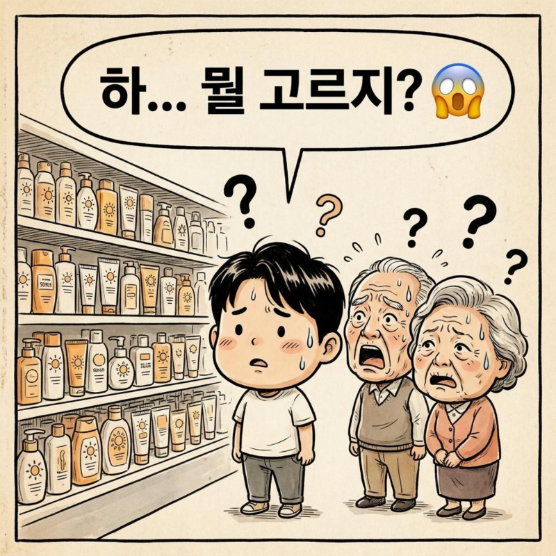 복잡한 자외선 차단제 종류와 선택 고민에 당황하는 한국 고전 만화 스타일 가족 캐릭터