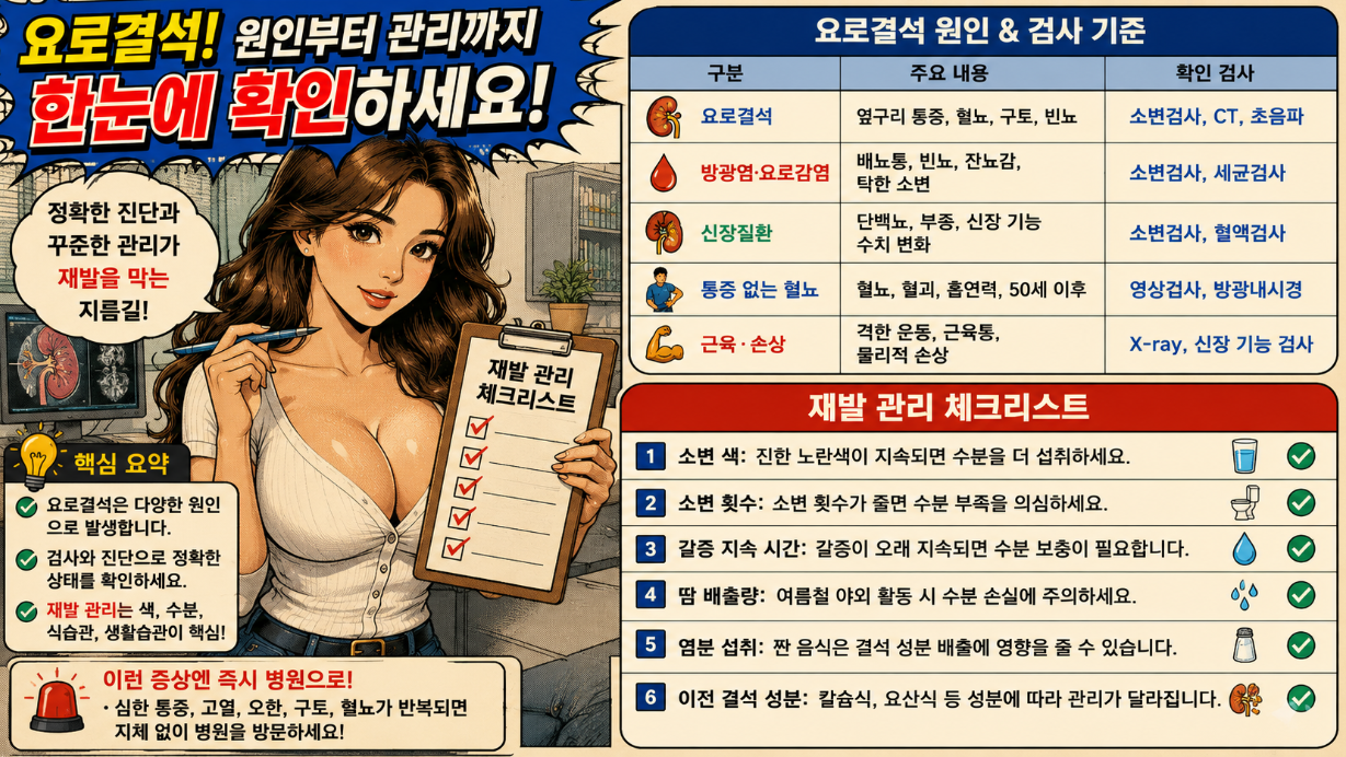 여성 주인공이 요로결석 원인 감별과 재발 관리 체크리스트를 점검하는 장면을 옛날 만화 스타일로 구성한 예방 관리 인포그래픽