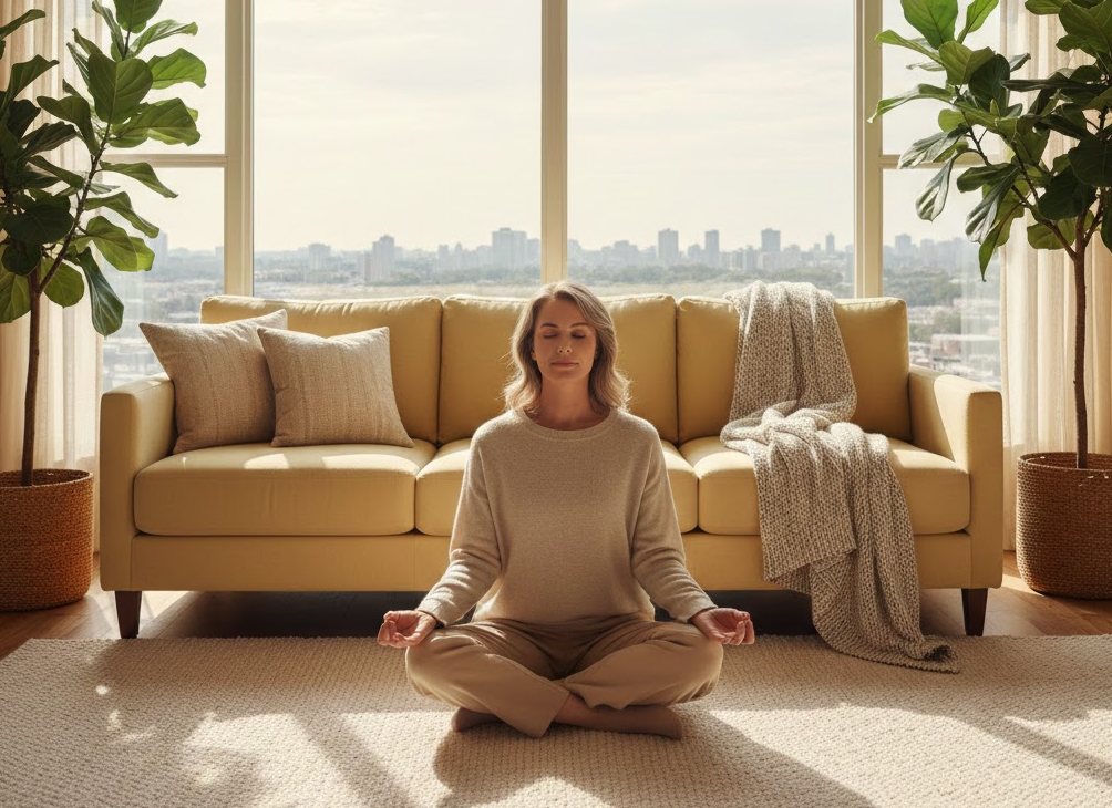 거실에 앉아서 명상을 하는 중년 여성
