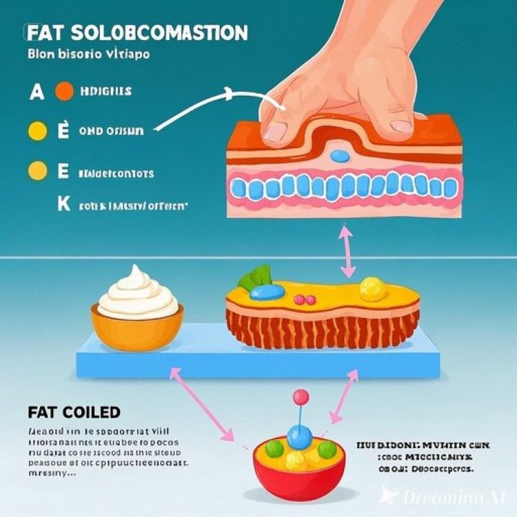 인체 소장의 단면도에서 지방과 함께 섭취된 지용성 비타민들(A, D, E, K)이 미셀을 형성하여 장벽을 통과하는 과정을 생화학적으로 표현한 인포그래픽으로, 한쪽에는 지방과 함께 높은 흡수율을 보이는 모습, 다른 쪽에는 지방 없이 흡수되지 않는 모습을 대비하여 표시한 의학적 일러스트레이션