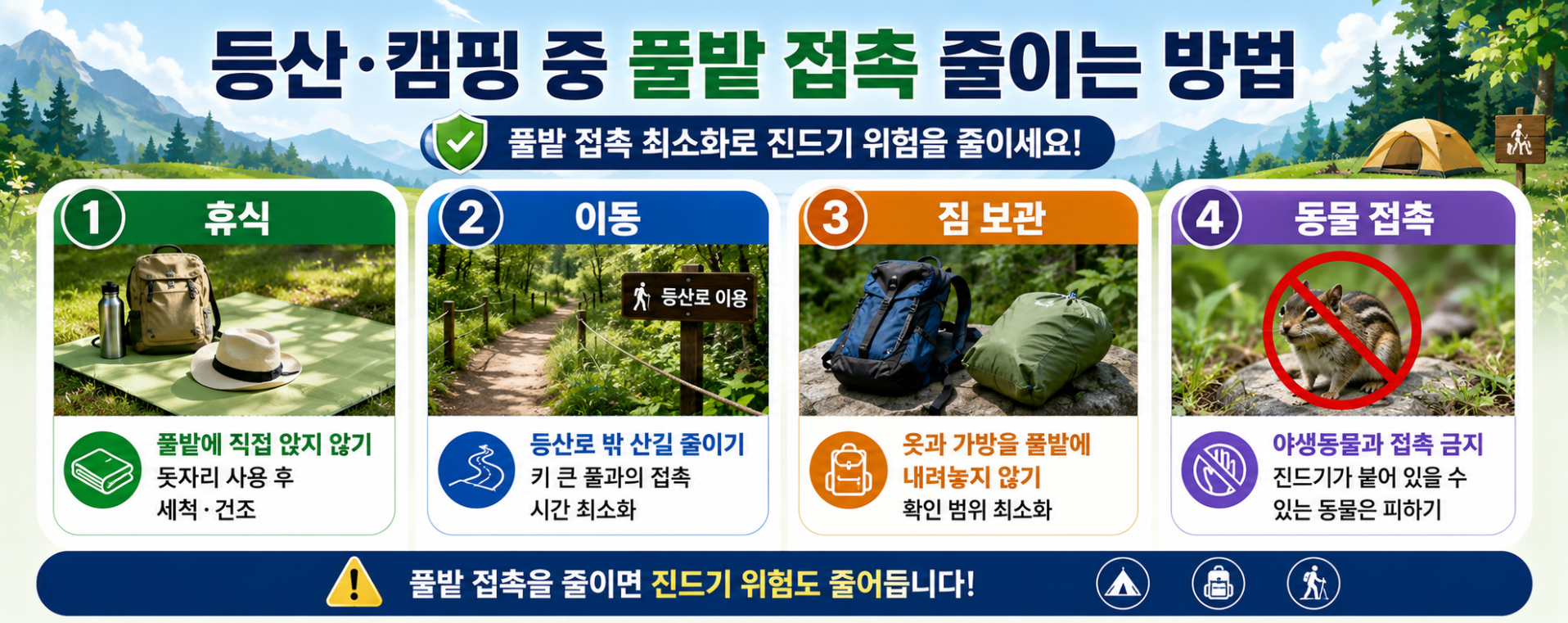 3. 등산과 캠핑 중 풀밭 접촉을 줄이기 위한 휴식, 이동, 짐 보관, 동물 접촉 주의사항 인포그래픽